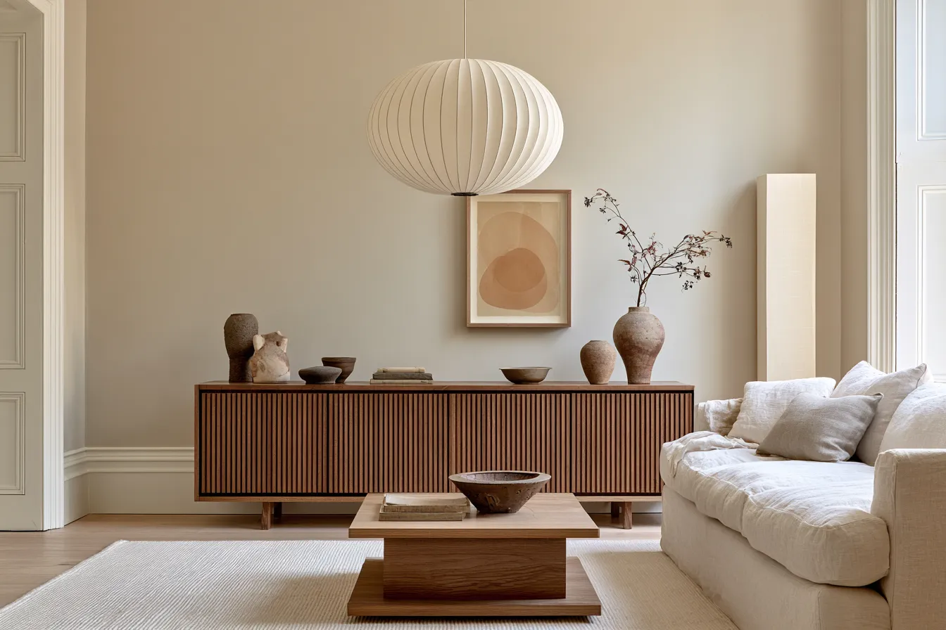 Minimalist furniture decor in Japandi direction with natural materials and calm palette