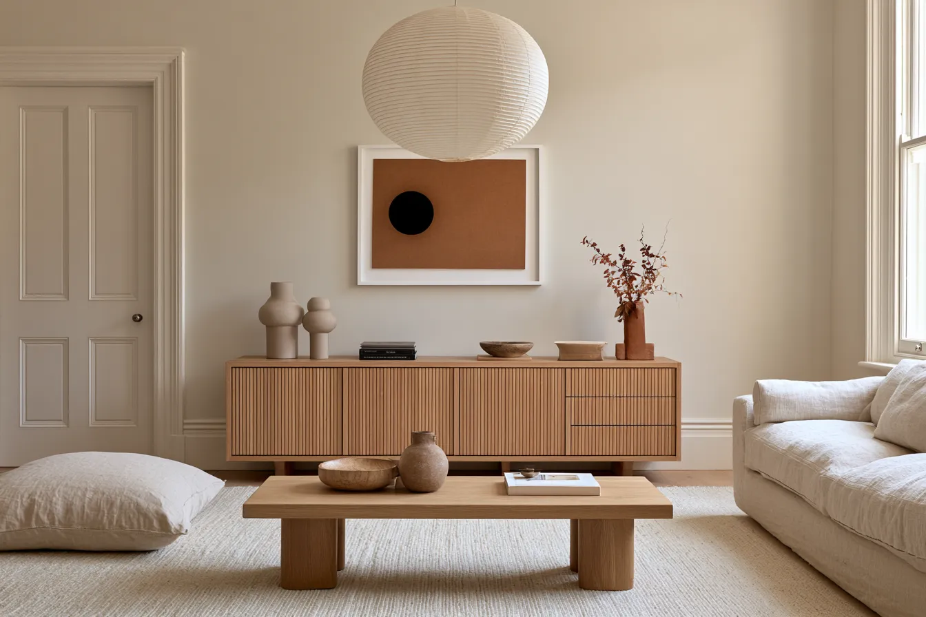 Japandi style furniture decor with oak sideboard and linen sofa in warm neutral room
