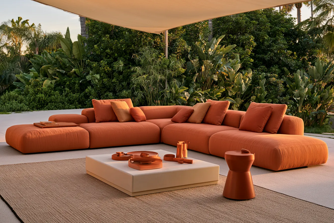 Contemporary outdoor furniture decor with modular layout and warm material palette