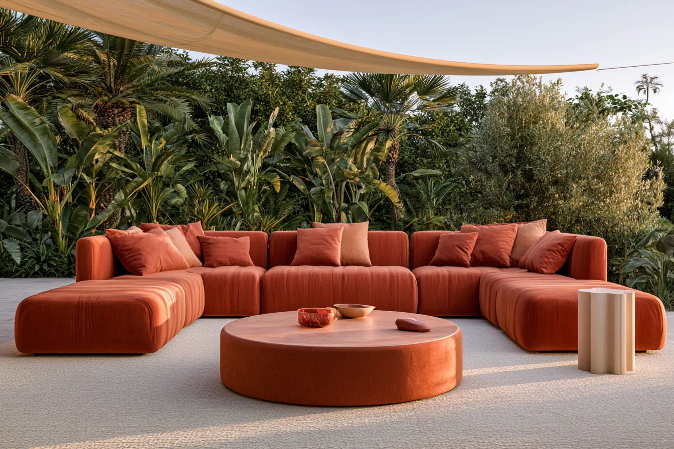 Backyard furniture decor arrangement featuring terracotta tones and shade structure