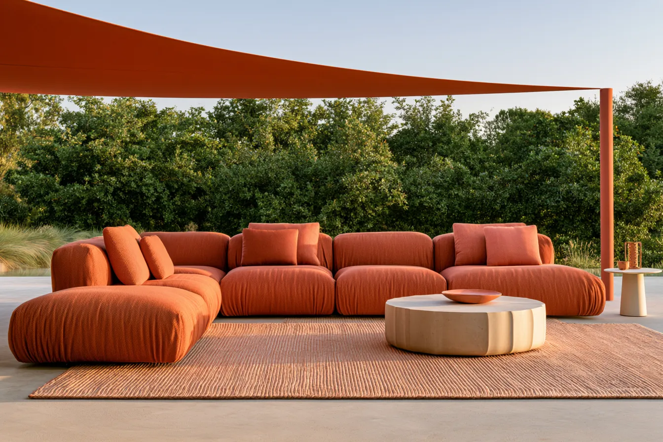Outdoor furniture decor with warm-toned modular seating and terracotta cushions