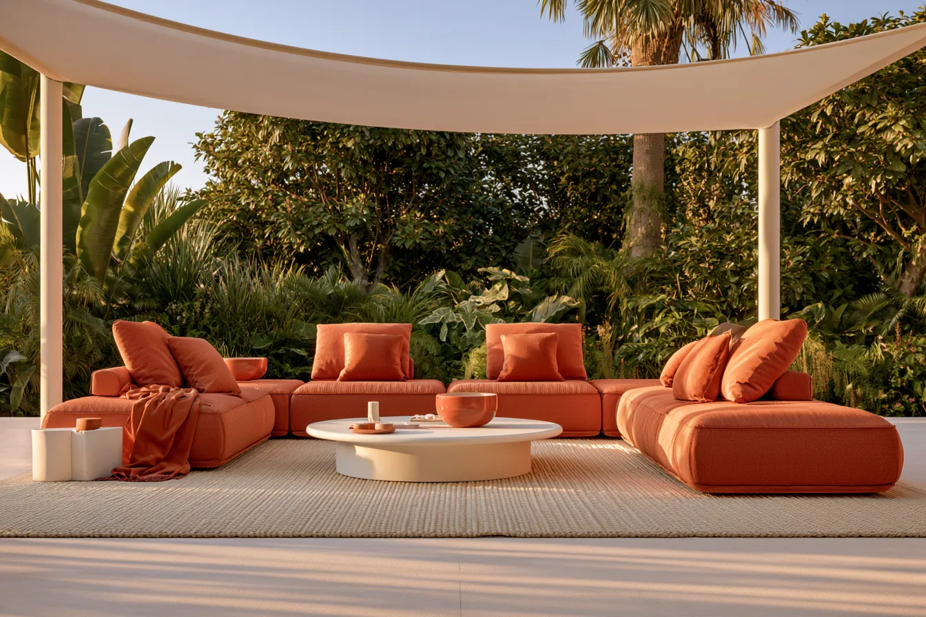 Patio furniture and decor styled with shade sail and lush greenery in golden light