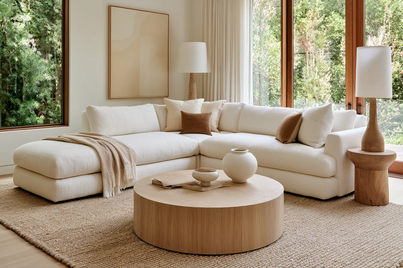 Living room furniture decor with linen sectional sofa and oak coffee table in warm neutrals