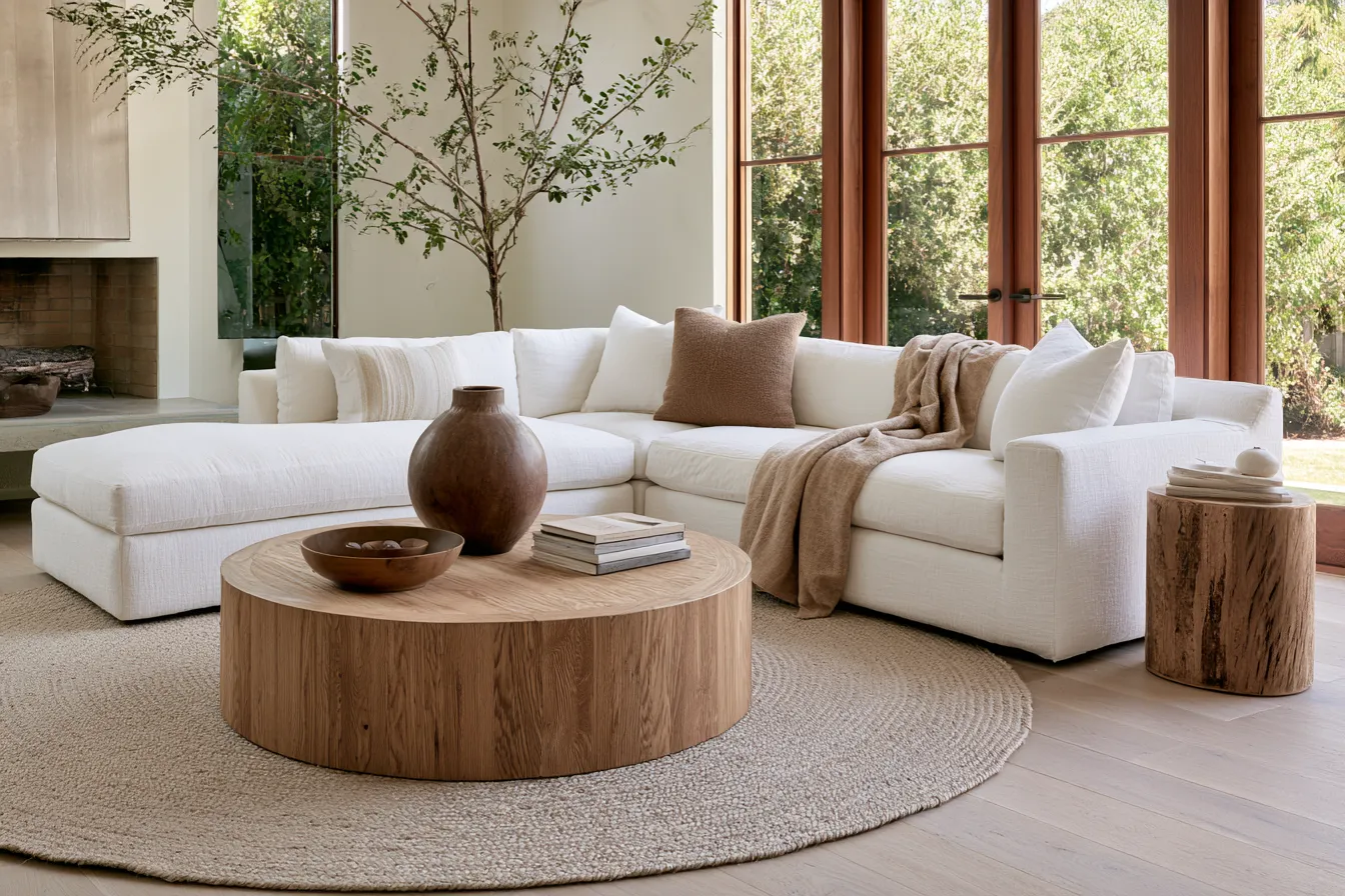 Contemporary sofa furniture decor arrangement with woven rug and daylight