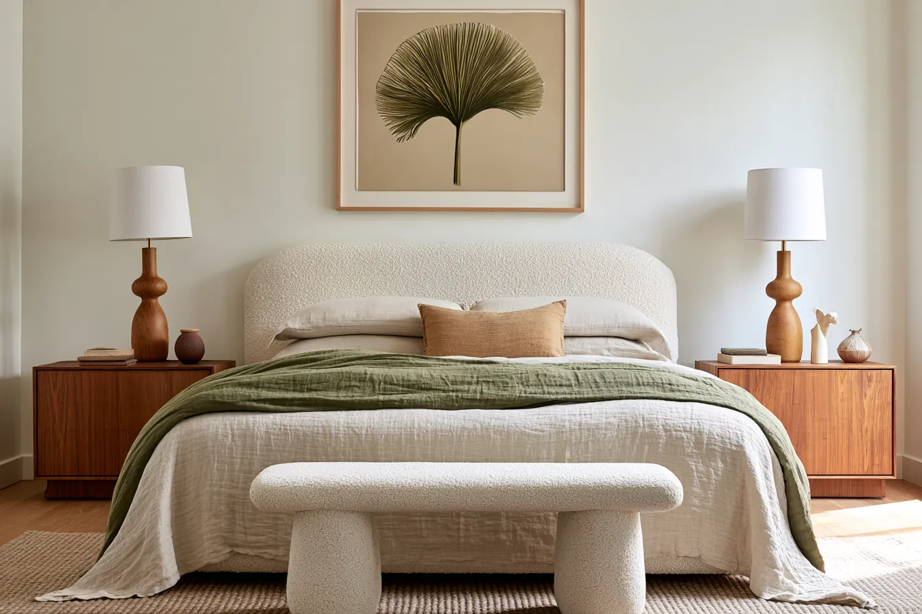 Contemporary bedroom furniture decor with upholstered headboard and neutral palette
