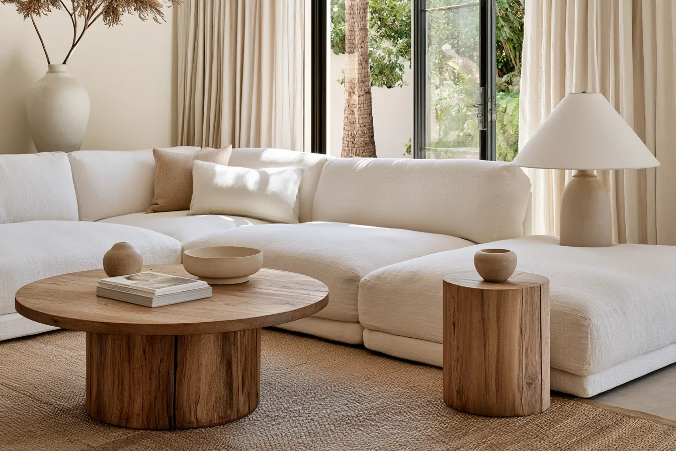 Home furniture decor featuring linen sofa and layered living room styling