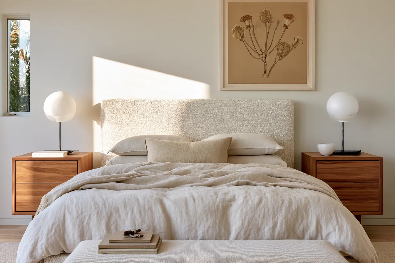 Styled bedroom interior furniture decor built around warm tones and natural materials