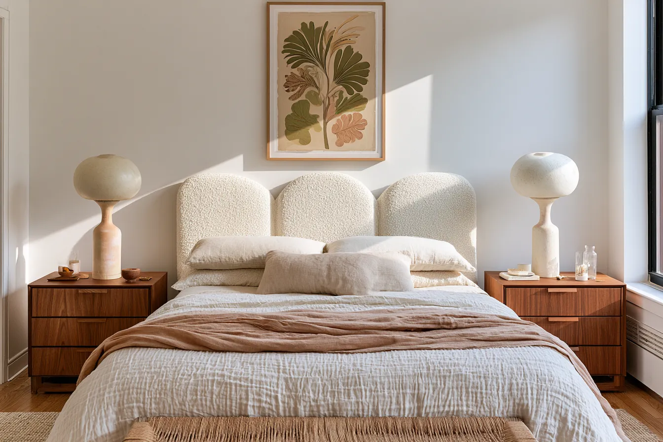 Bedroom furniture decor with boucle headboard and warm wood nightstands in morning light