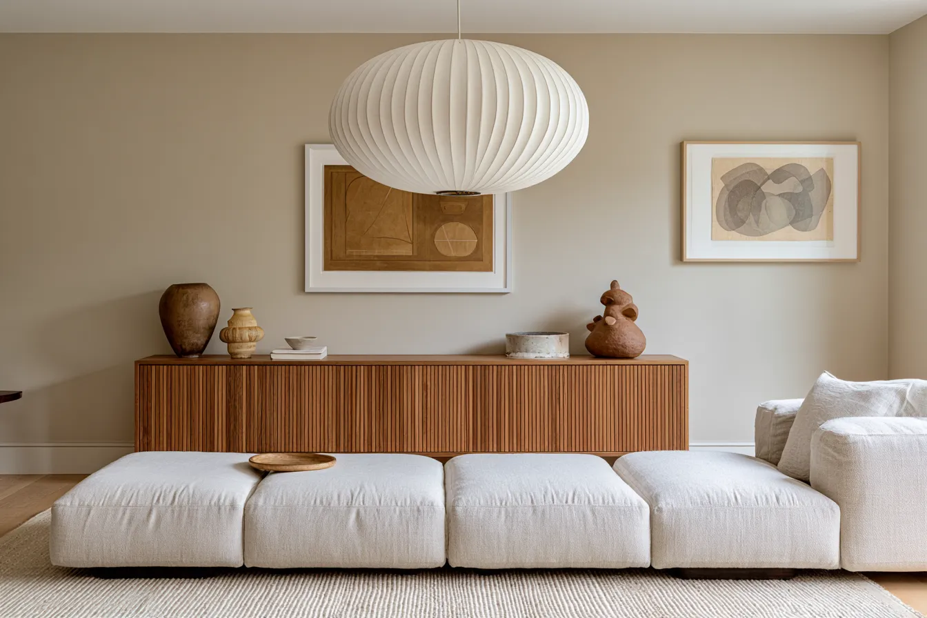Style-themed furniture decor featuring wabi-sabi ceramics and paper pendant light