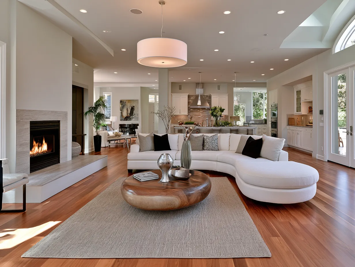 Luxury open floor plan interior ideas with high ceilings, marble finishes, and natural materials
