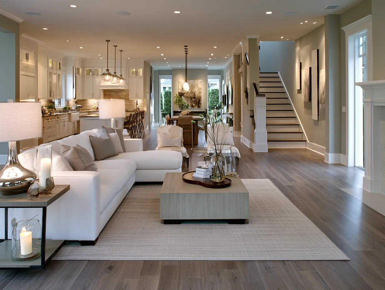 Contemporary open floor plan home interior with cohesive color palette and zoned spaces