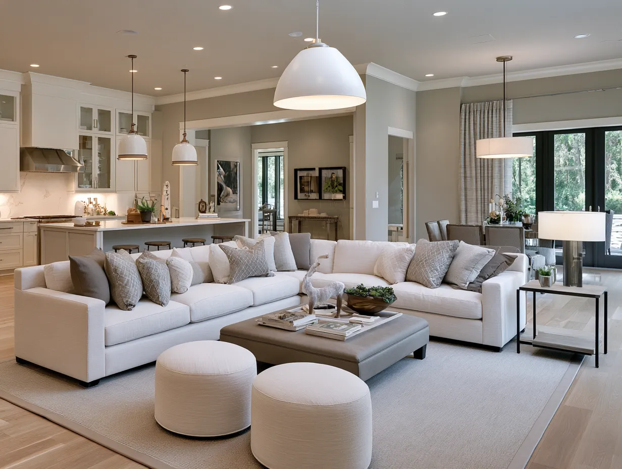 Open plan living room ideas with furniture arrangement defining separate zones