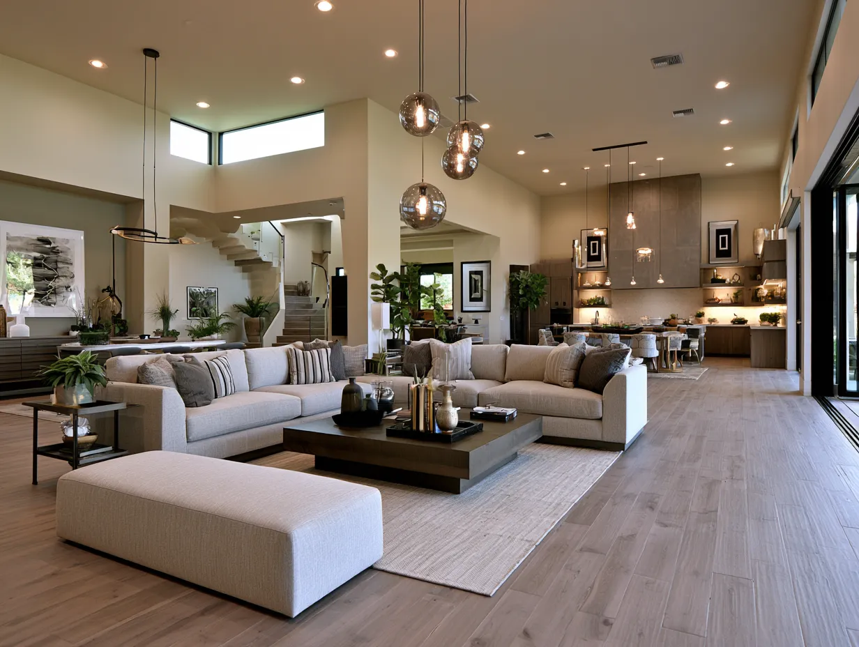 Open floor plan kitchen and living room ideas with large windows and warm lighting