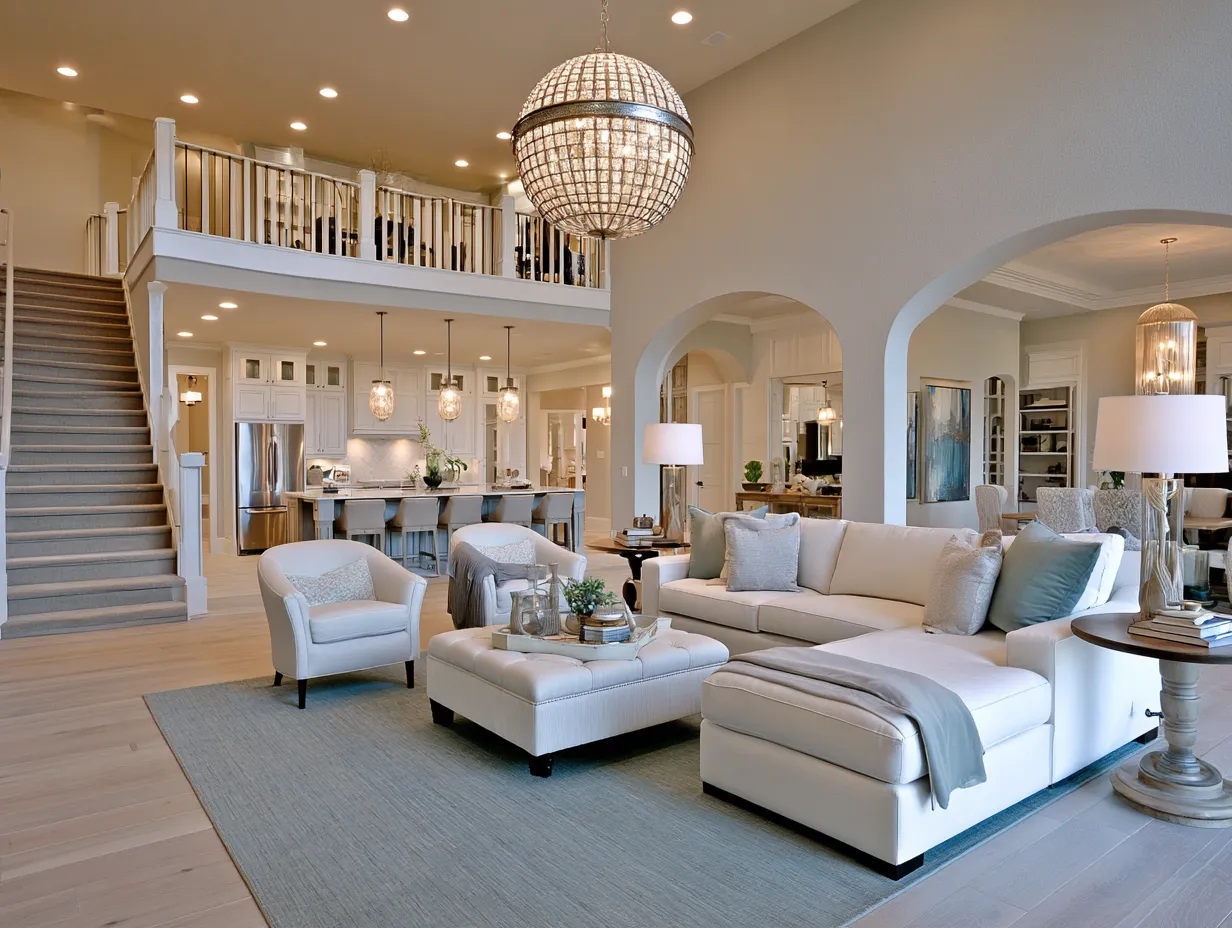 Stylish open concept floor plan ideas with statement pendant lights and wood accents