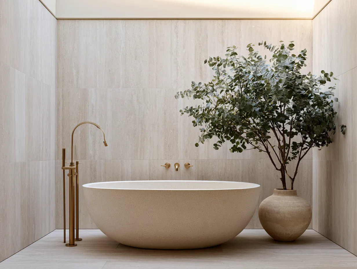 Luxury bathroom design ideas with travertine walls and brass fixtures in warm natural light