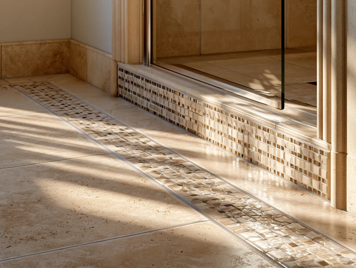Modern bathroom tile design featuring large-format stone and grey grout detailing