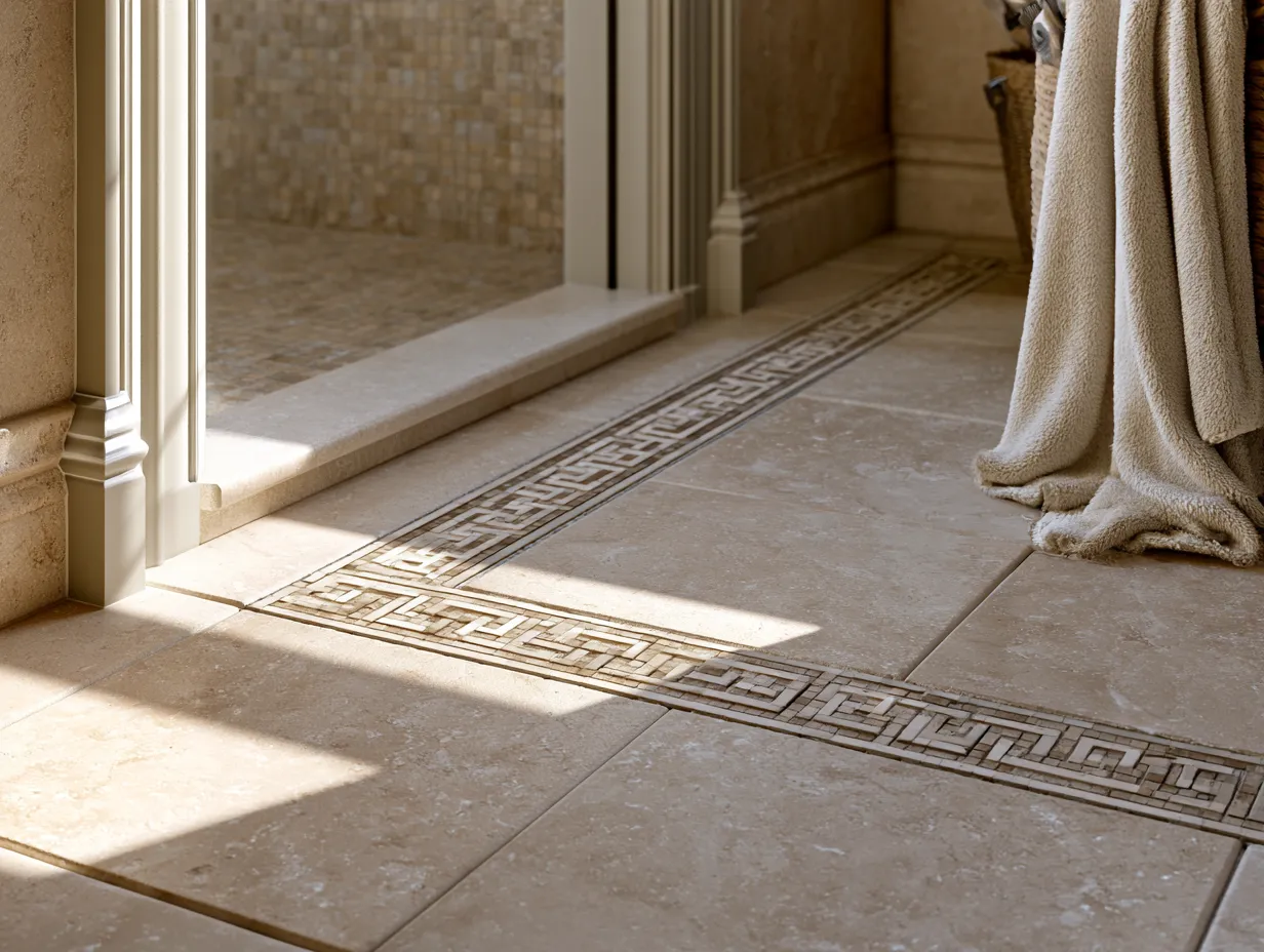Bathroom flooring ideas with travertine tiles and editorial interior photography quality