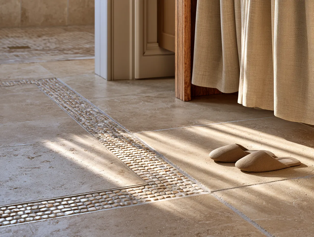 Luxury bathroom design tiles in travertine with geometric mosaic accent at shower edge