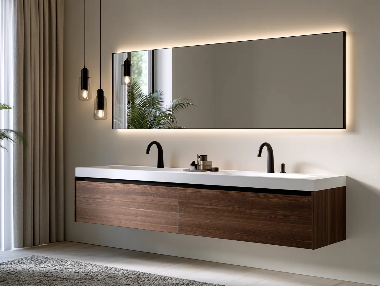 Bathroom vanity design ideas with matte black faucets and floating smoked oak cabinet