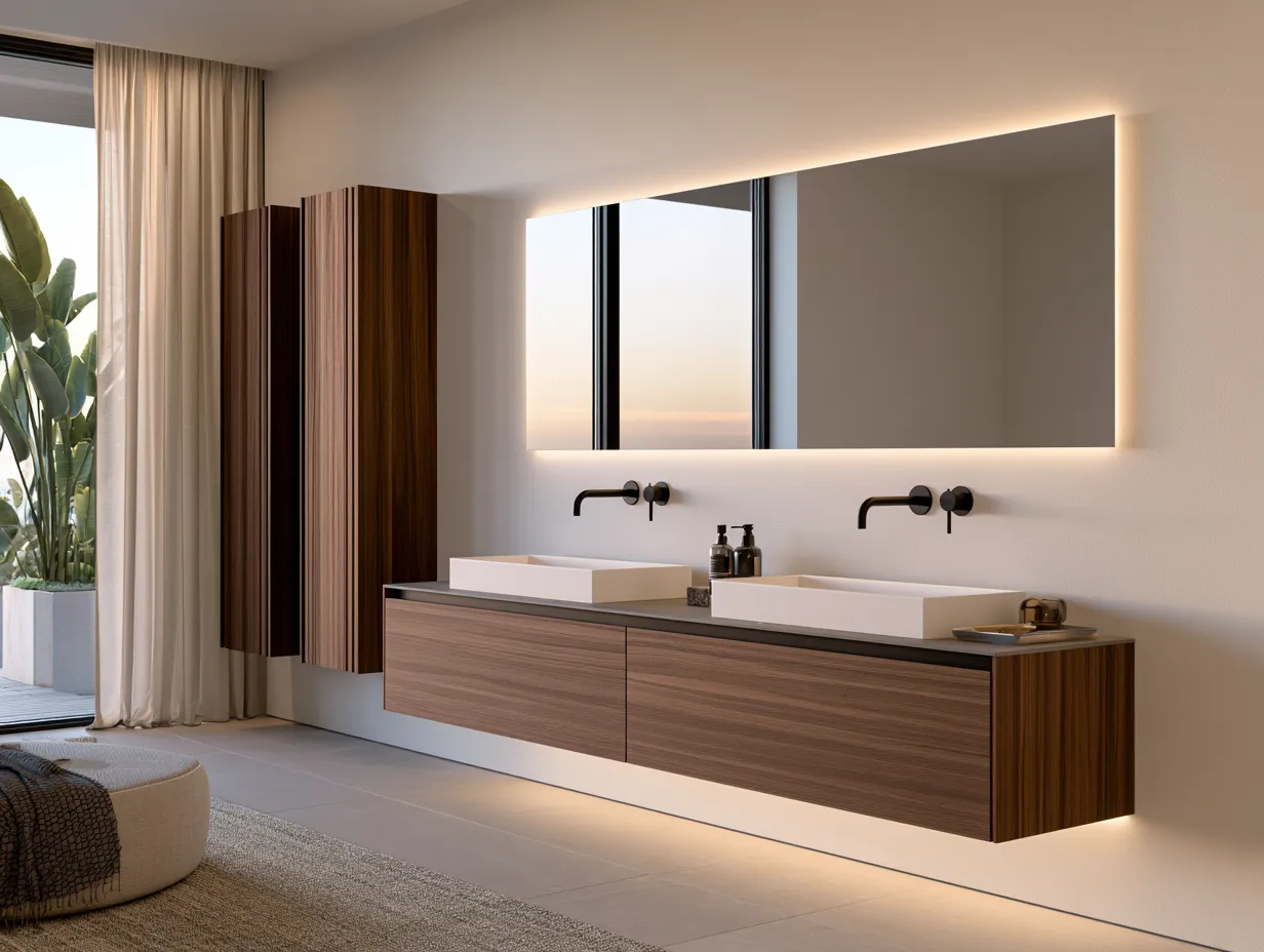 Modern bathroom fixture ideas featuring LED mirror and wall-mounted vanity unit