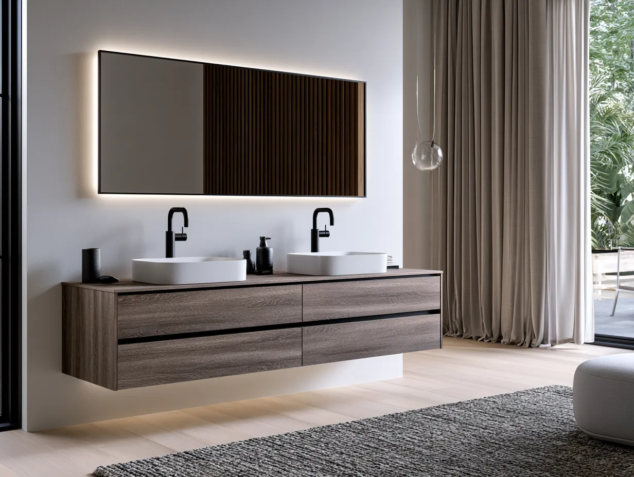 Contemporary bathroom design with floating vanity, rectangular mirror and morning light