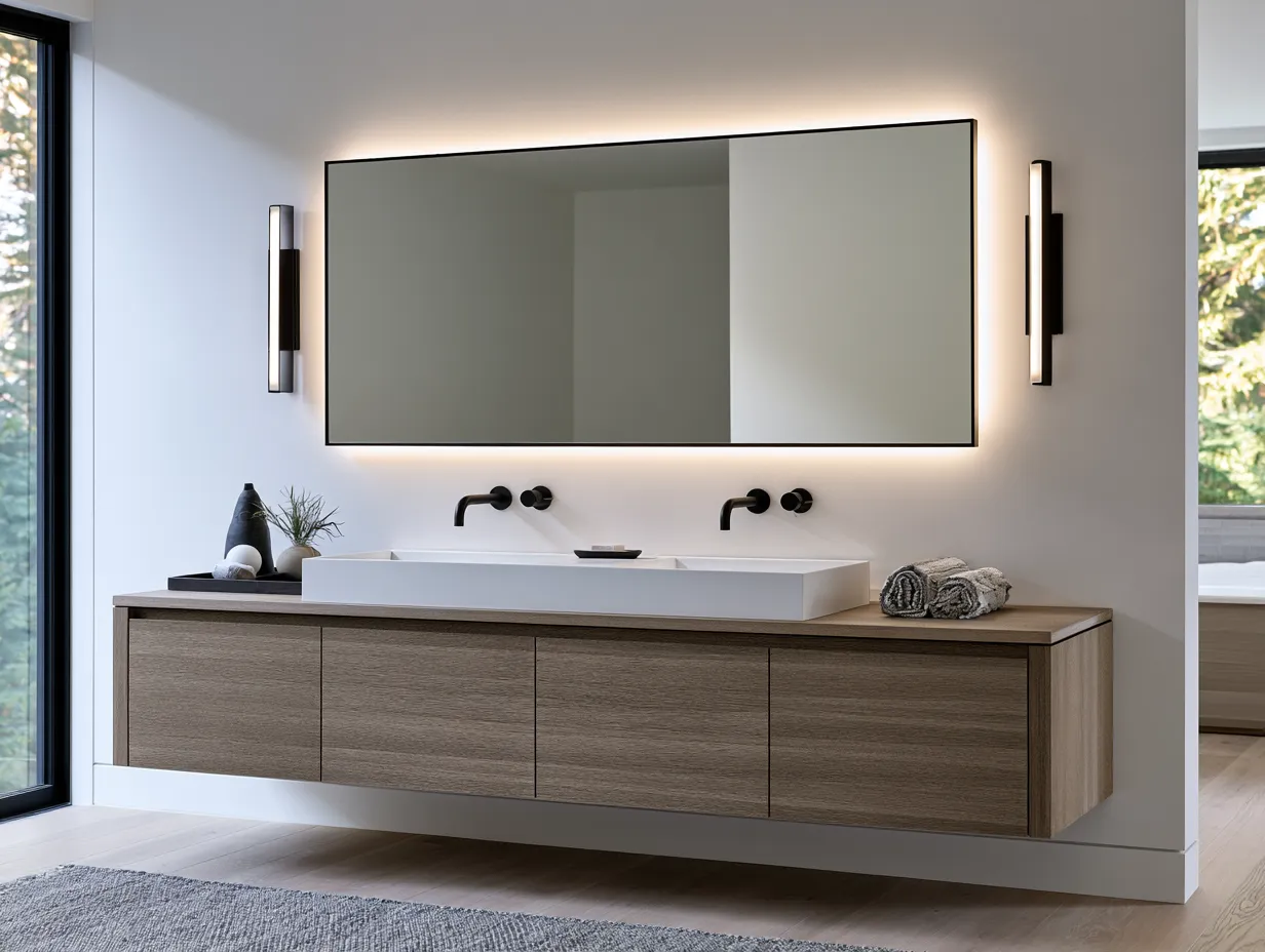Small bathroom vanity ideas with integrated LED backlit mirror and matte black hardware
