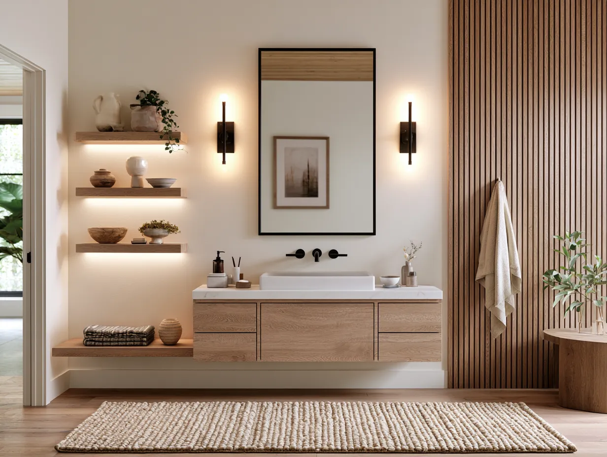 Bathroom lighting ideas with flanking sconces, backlit shelving and framed mirror