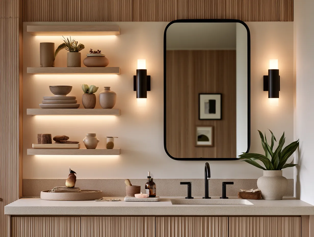 Interior bathroom design ideas with layered lighting and styled shelving in editorial style