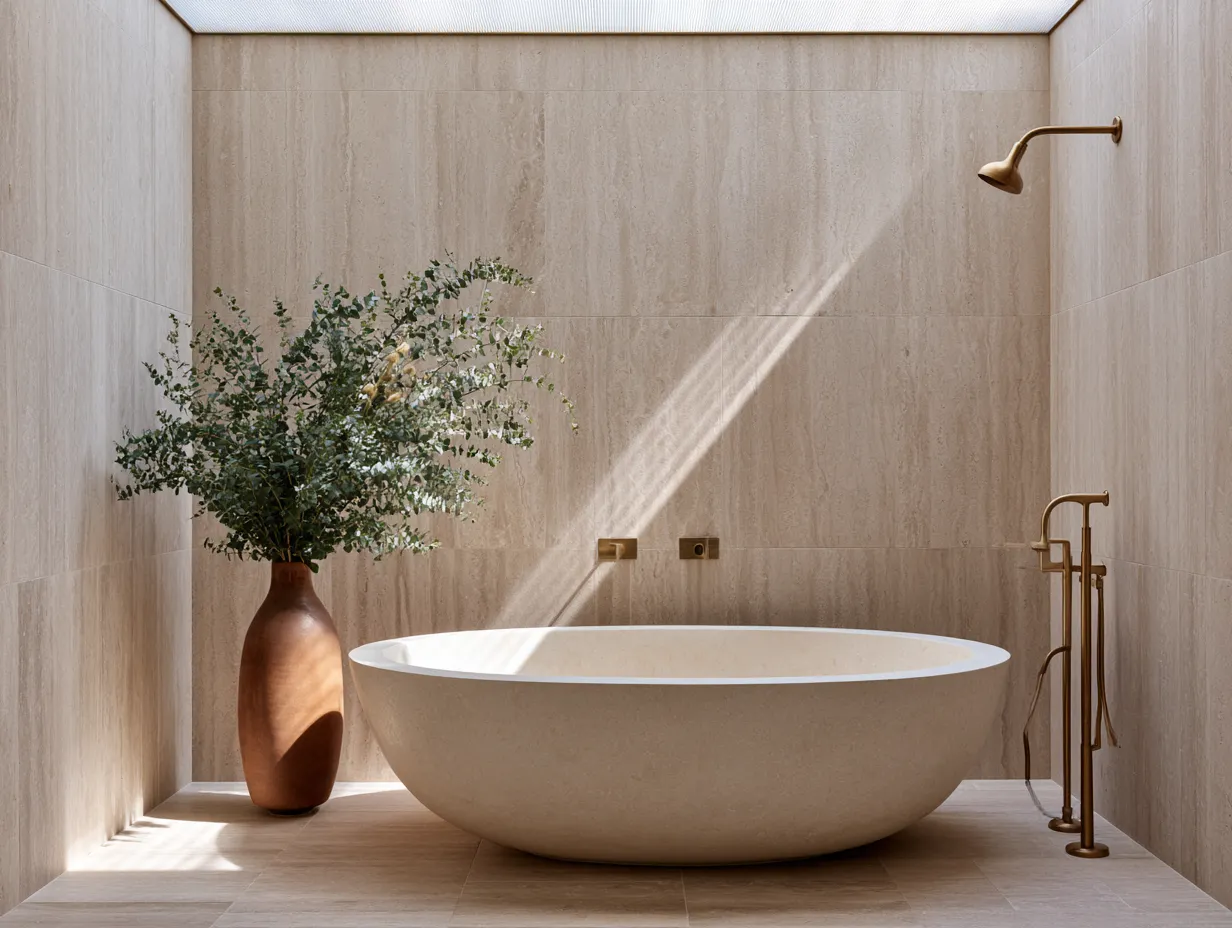 Modern bathroom interior design featuring freestanding soaking tub and stone finishes