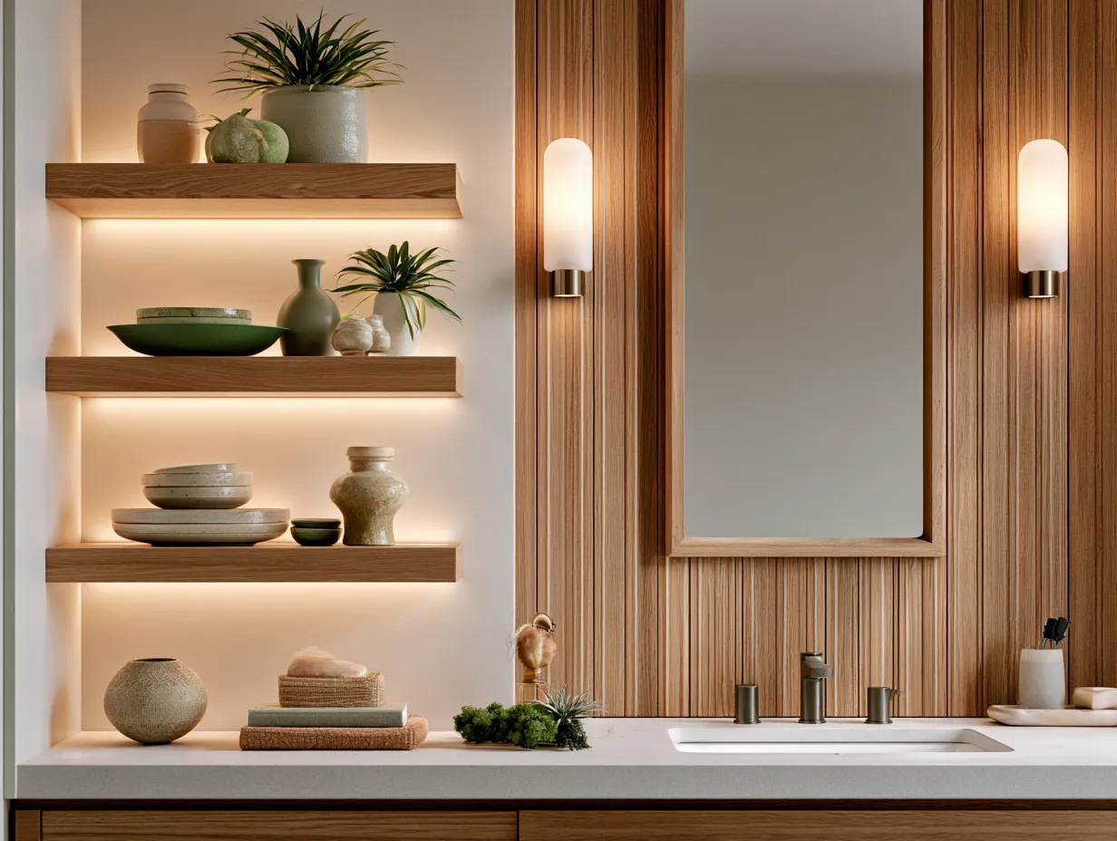 Modern bathroom wall design featuring wood panels, floating shelves and botanical styling