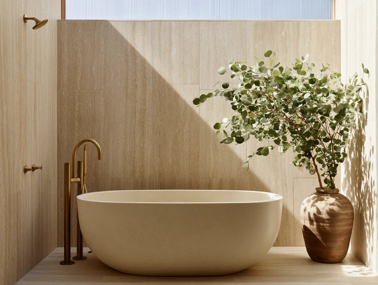 Spa bathroom design ideas with warm lighting, natural materials and sculptural freestanding bath