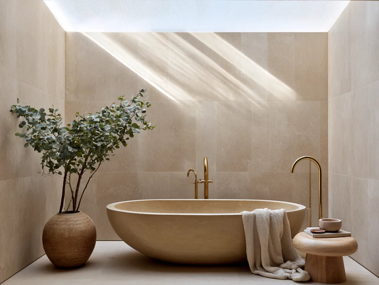 Editorial bathroom design with brass details, travertine stone and frosted skylight