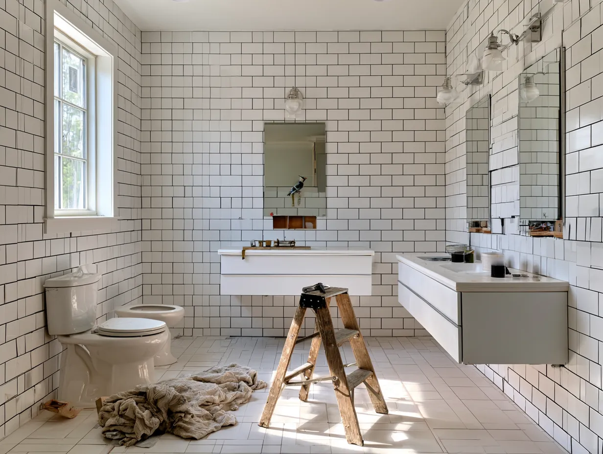 Small bathroom remodel design with bright tiles and new floating storage vanity
