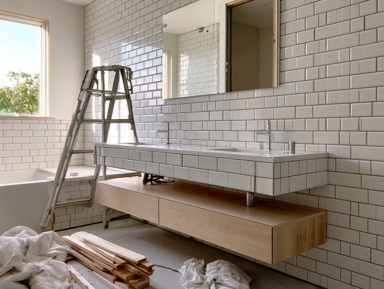 Contemporary bathroom renovation in progress with architectural magazine aesthetic