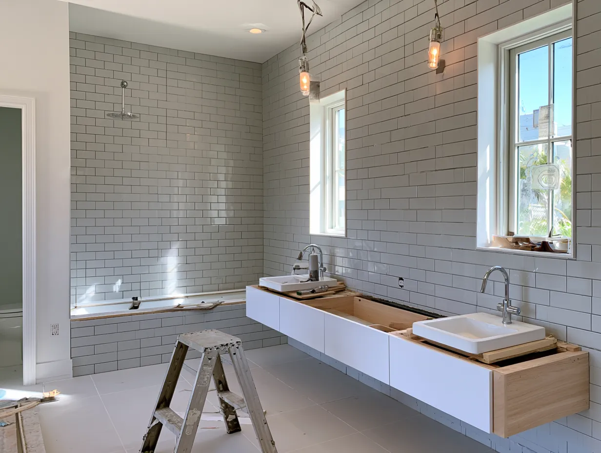 Bathroom remodel ideas with fresh subway tile walls and floating vanity installation