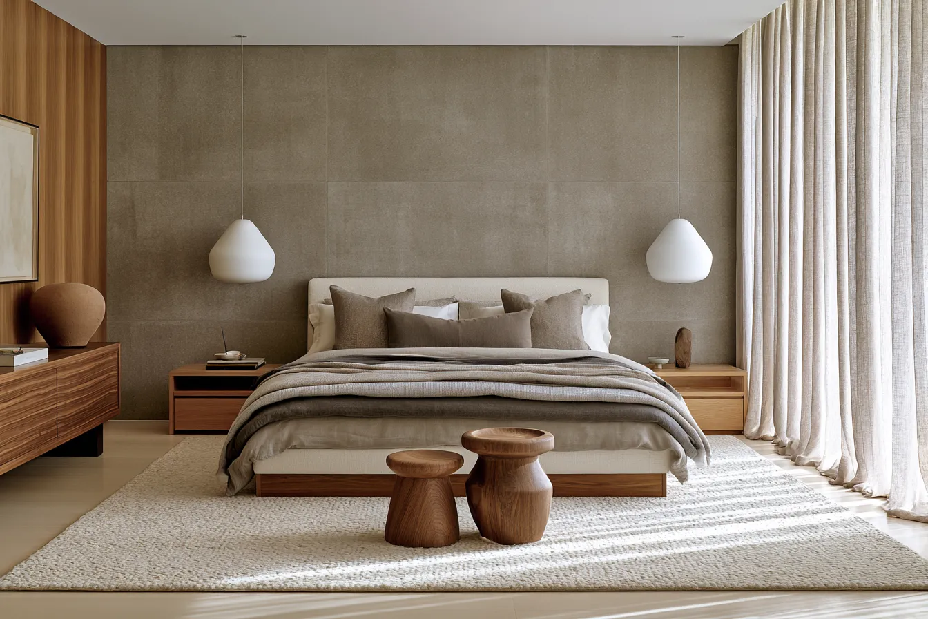 Modern bedroom design ideas with warm oak furniture and textured wall panels in natural light