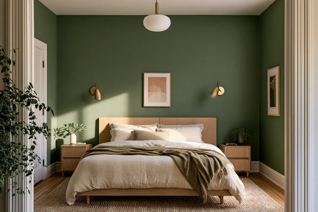 Bedroom interior design with saturated wall color and warm neutral furnishings in natural light