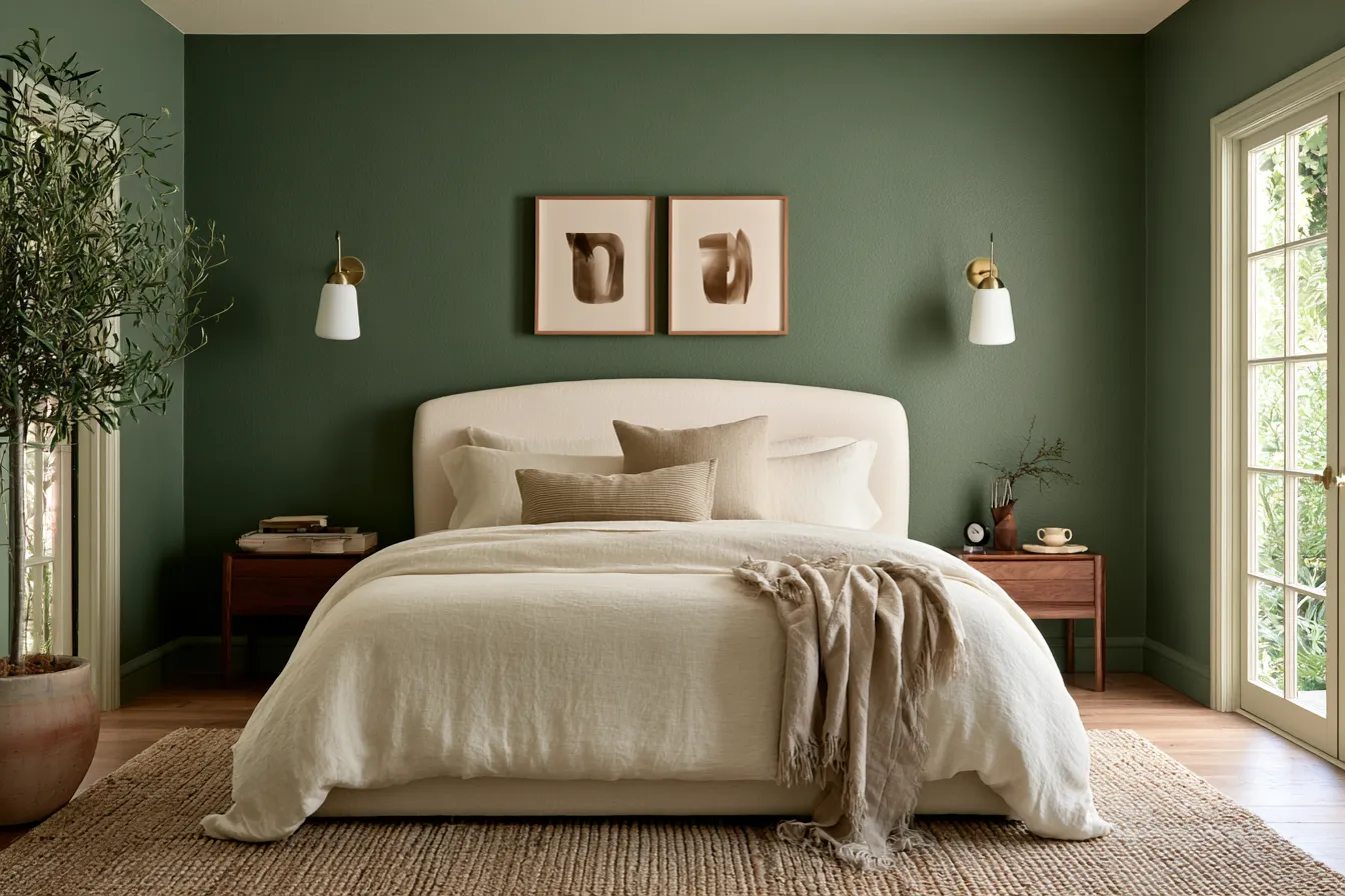 Modern bedroom paint color ideas with earthy green wall and layered linen textures