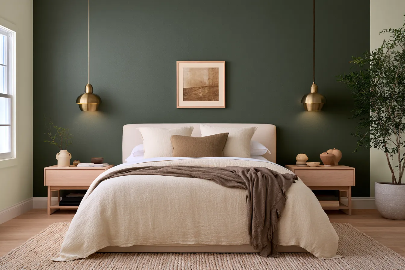 Stylish bedroom color scheme combining sage, cream and brass for a calming atmosphere