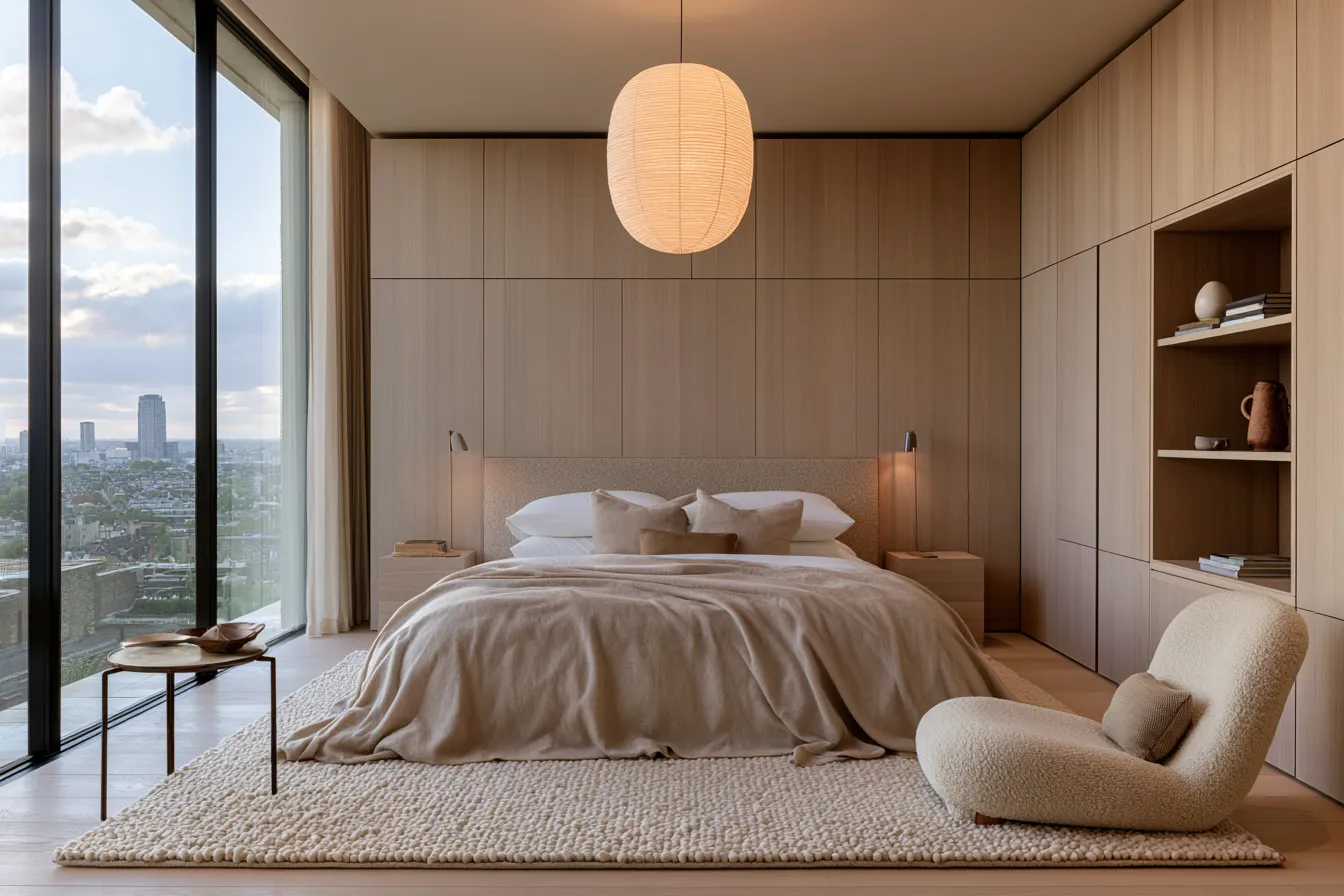 Large bedroom design ideas featuring a reading nook and soft pendant lighting