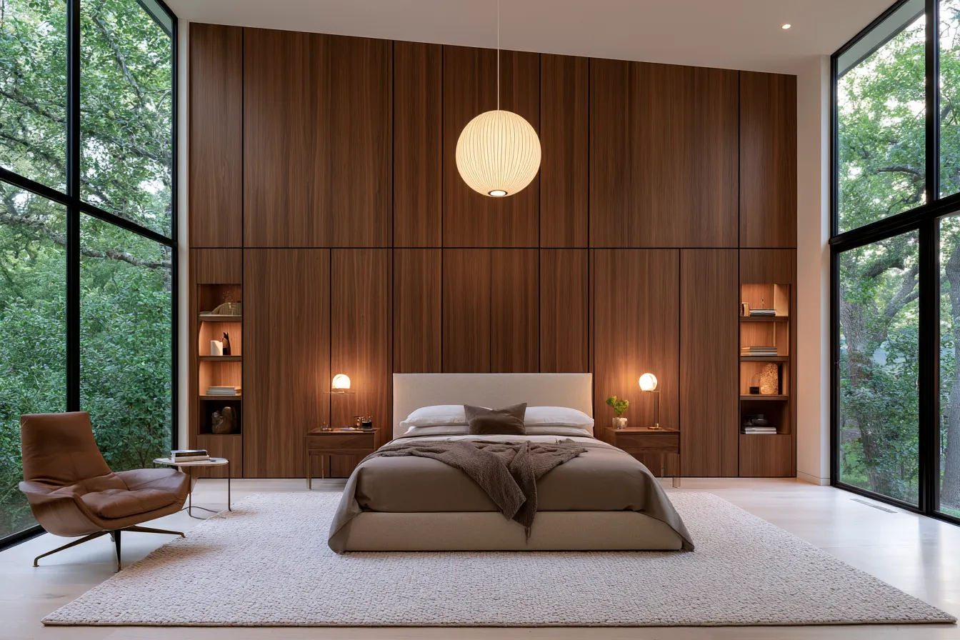 Luxury master bedroom ideas with built-in storage and freestanding accent chair