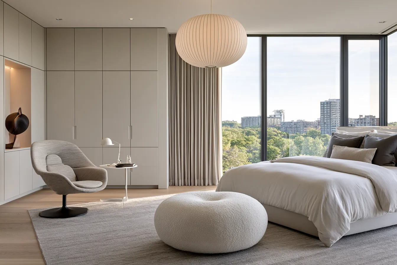 Modern master bedroom decor with architectural windows and warm editorial lighting