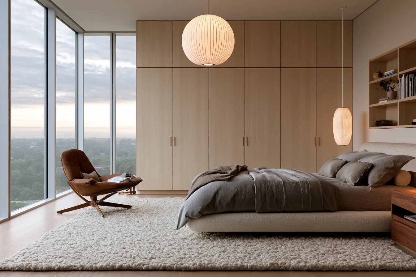 Master bedroom interior design with floor-to-ceiling windows and bespoke built-in cabinetry