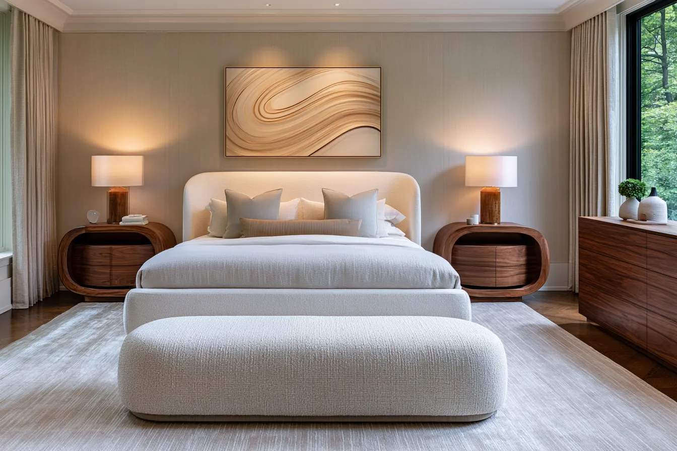 Master bedroom interior design featuring curved nightstands and layered soft furnishings