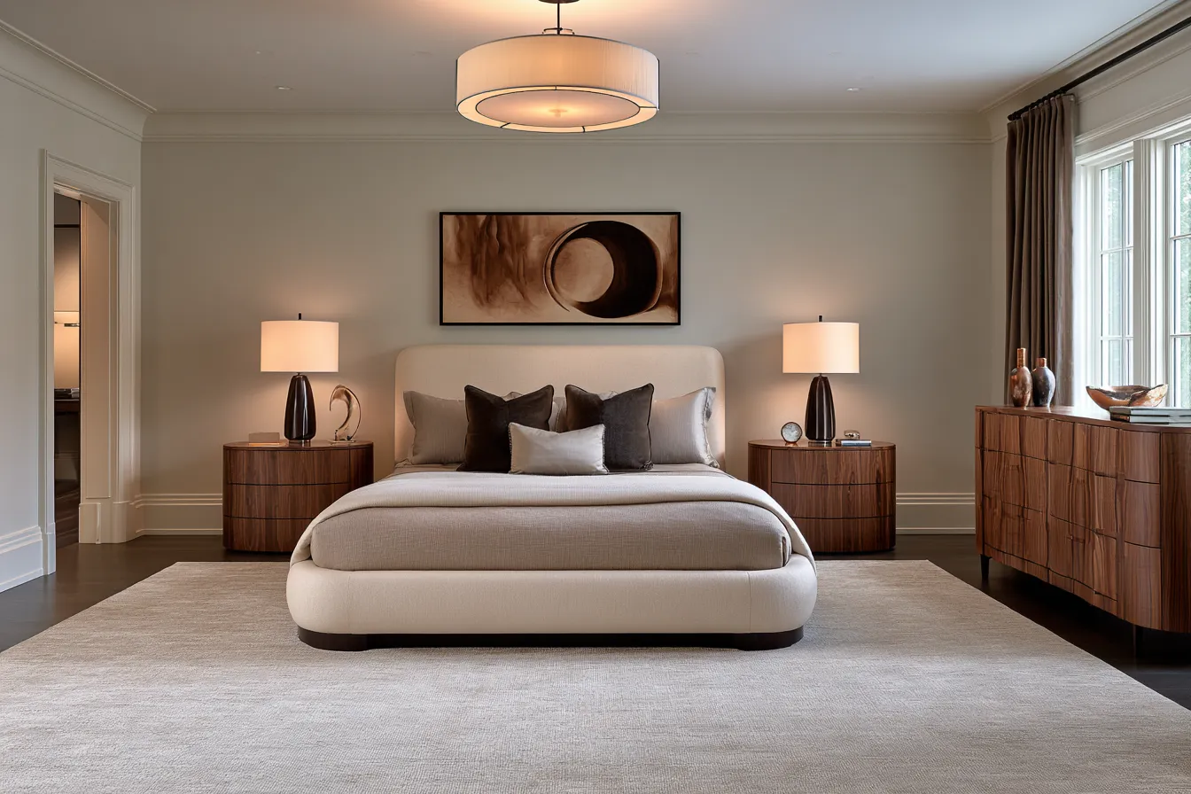 Luxury bedroom furniture layout with statement bed and matching wood accent pieces
