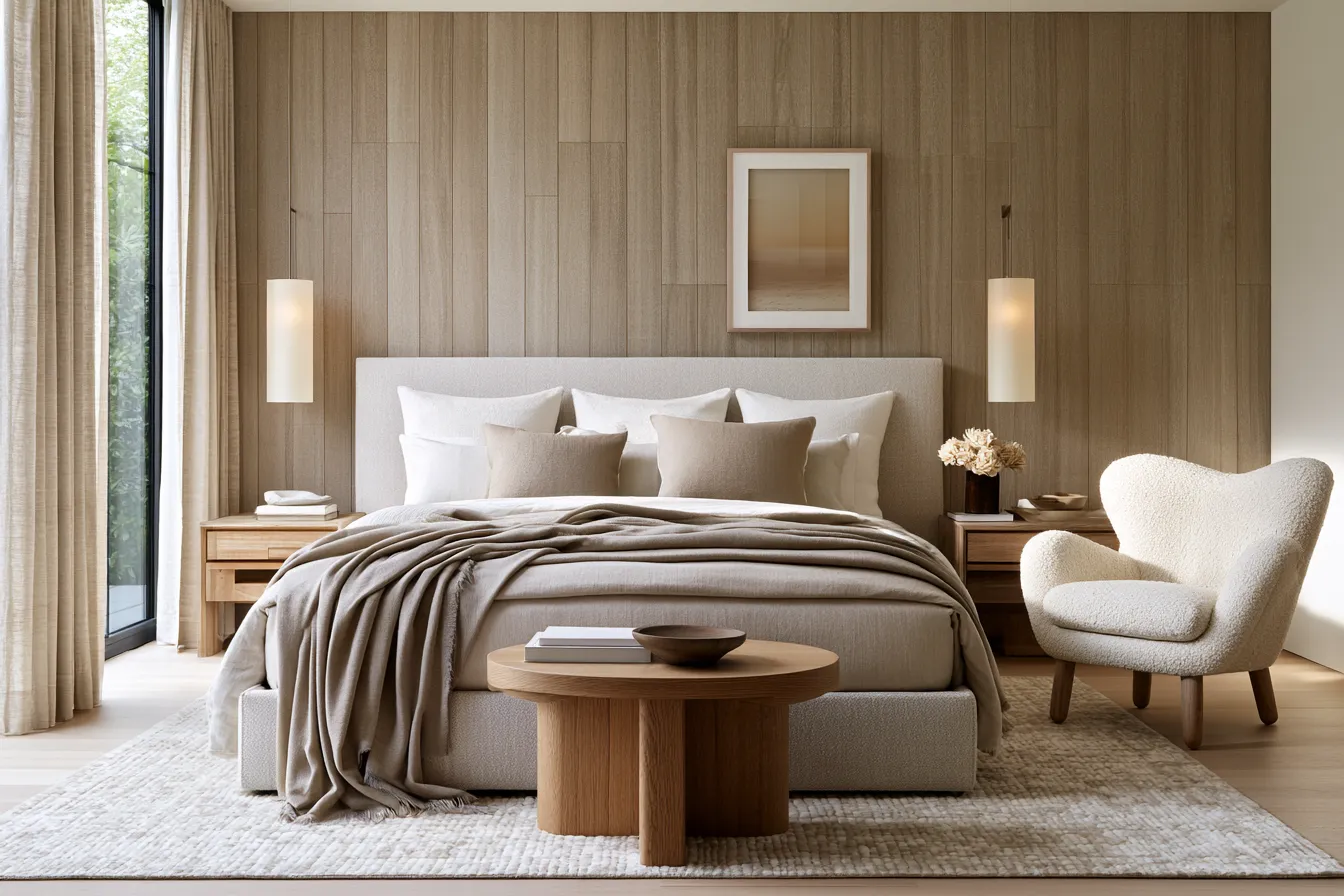 Contemporary bedroom interior design featuring layered neutral bedding and linen curtains