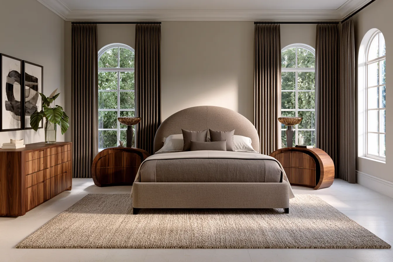 Modern bedroom design with statement furniture pieces and warm editorial lighting