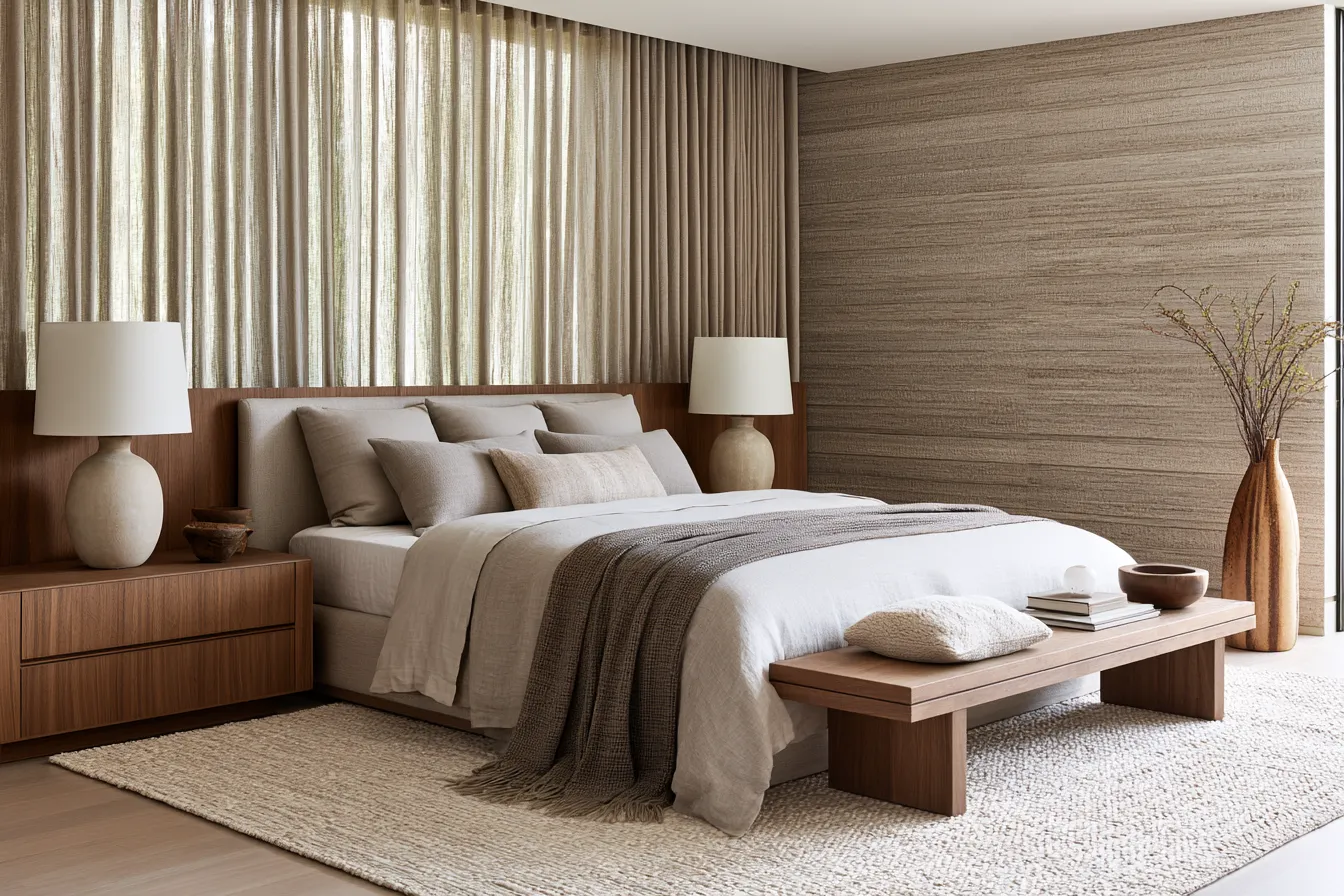 Editorial bedroom decor ideas showcasing minimalist furniture and architectural wall details