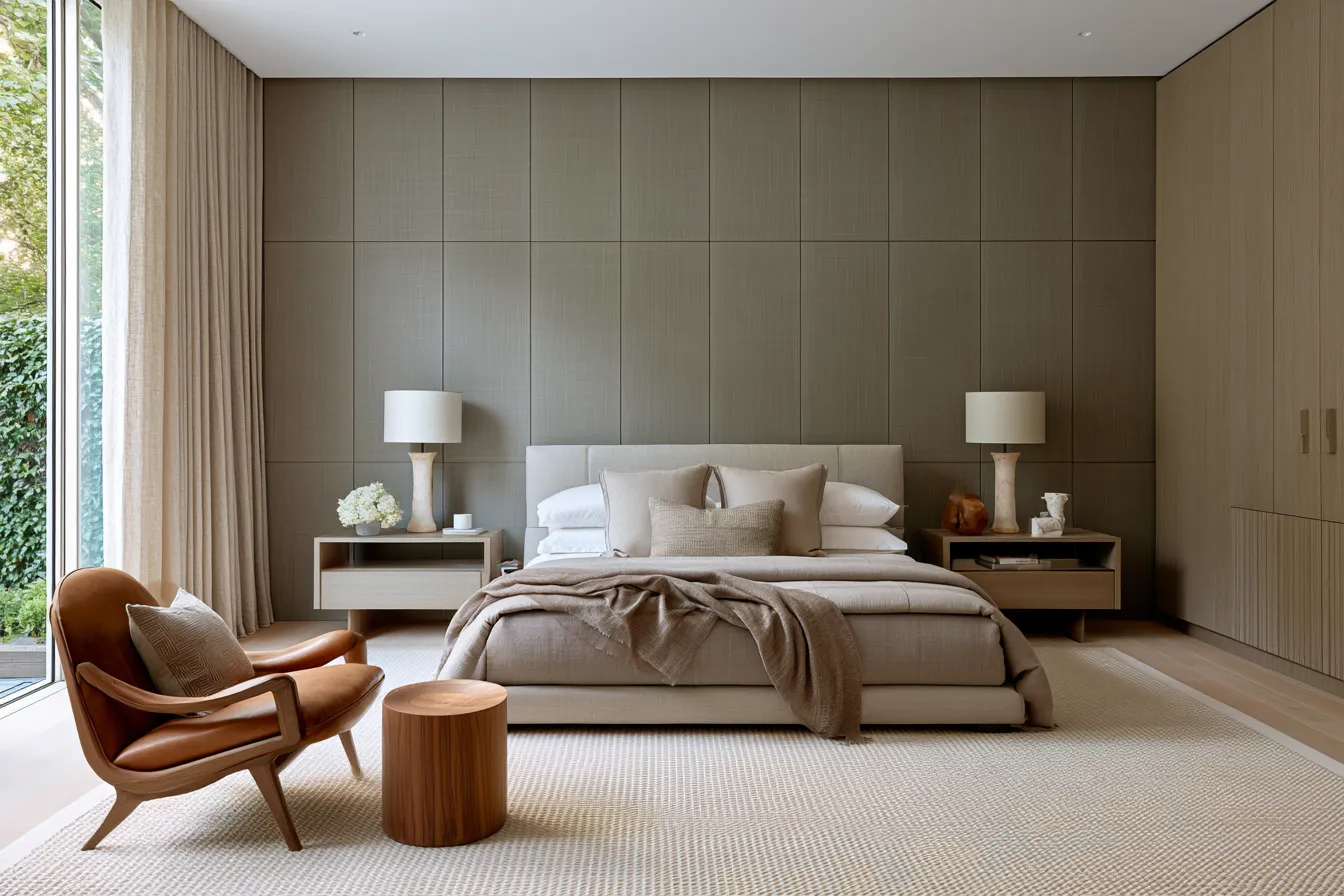 Stylish bedroom design with natural materials, soft lighting and Scandinavian-inspired layout