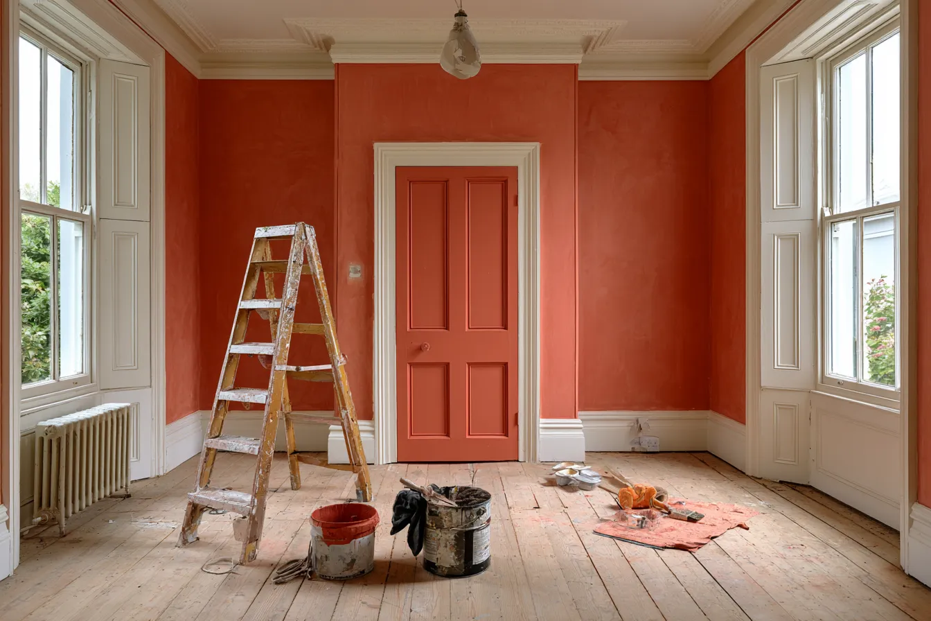 Bedroom renovation ideas with freshly painted terracotta walls and exposed wood flooring